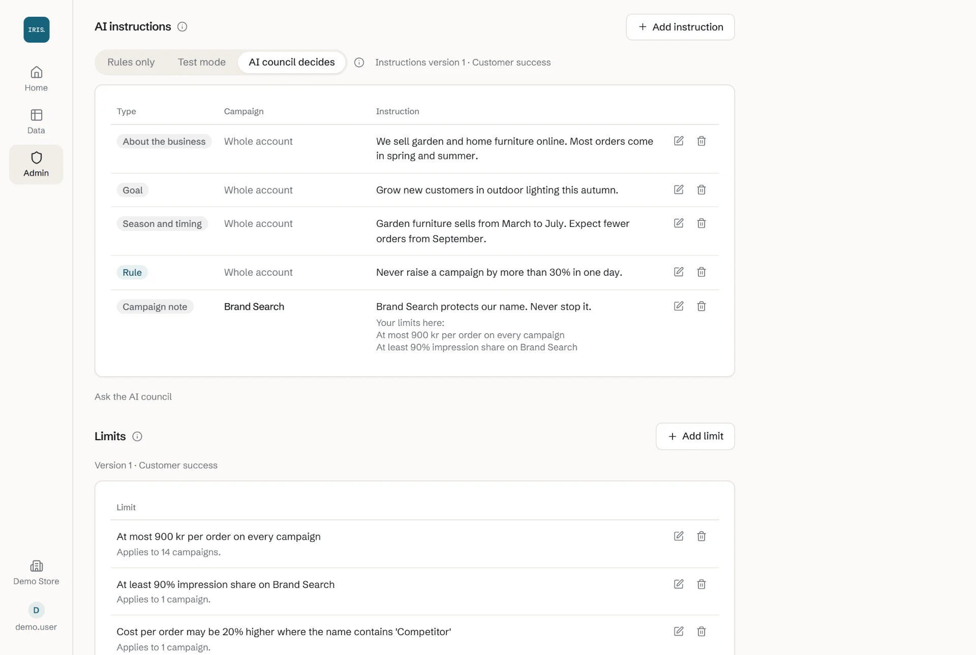 Rule settings in Iris: the AI instructions and the limits for one client.